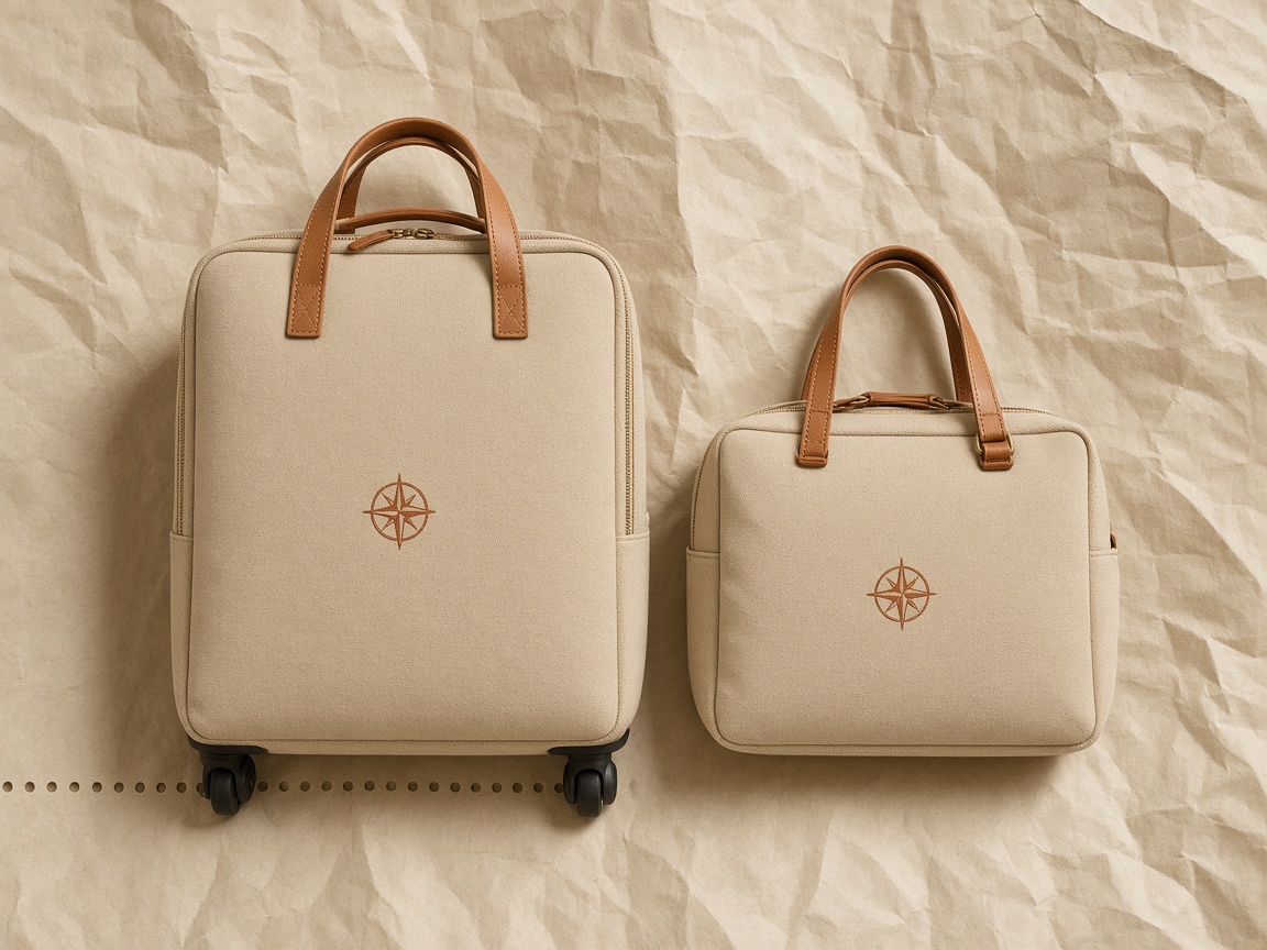 A beige carry-on and a matching under-seat bag