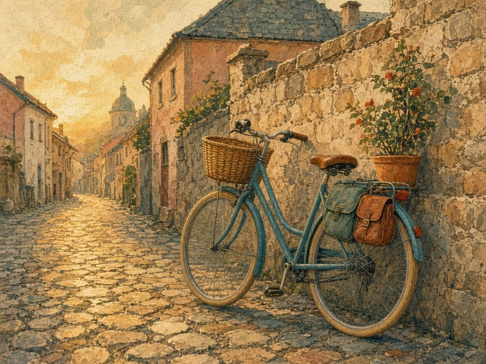 A bicycle with bags on a cobbled street