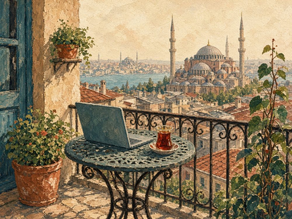 A balcony overlooking Istanbul with a laptop and tea
