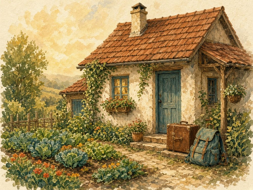 A farmhouse with packed bags by the door