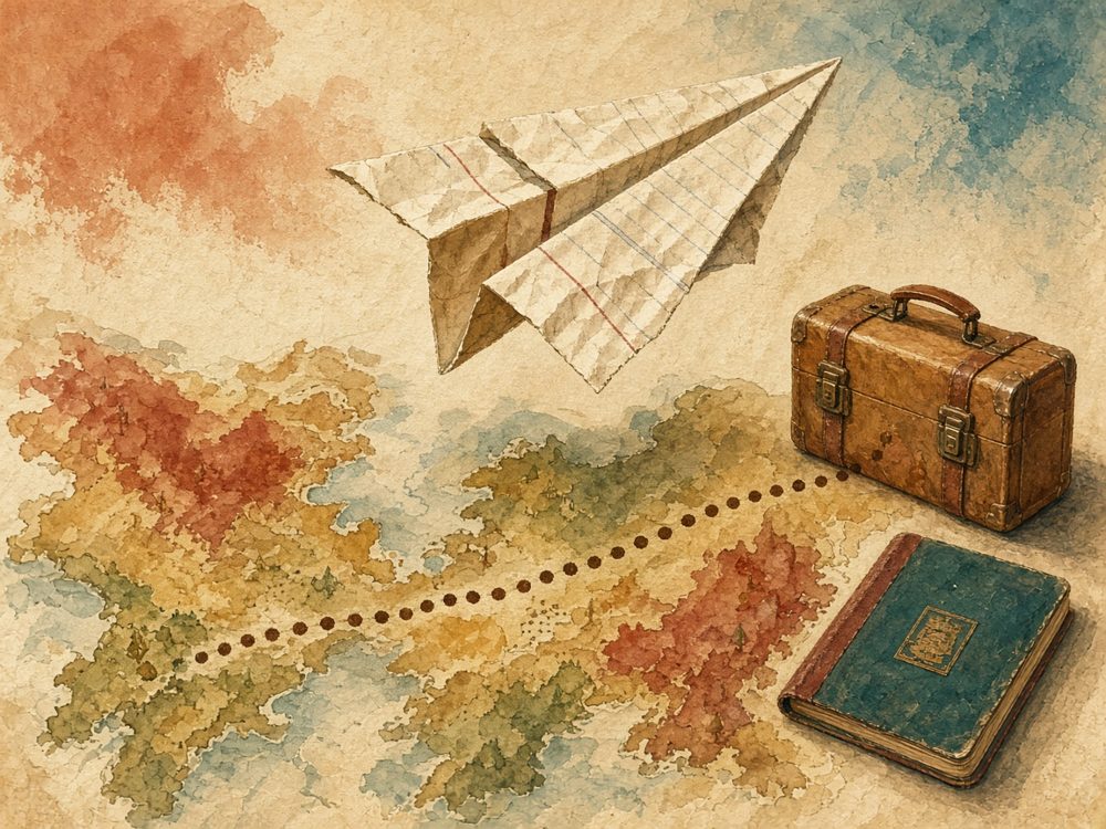A paper airplane over a map with a dotted route