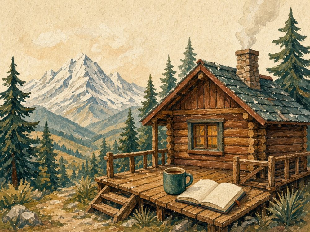 A mountain cabin with a notebook and mug