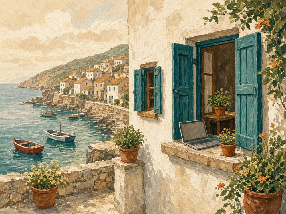 A seaside house with teal shutters