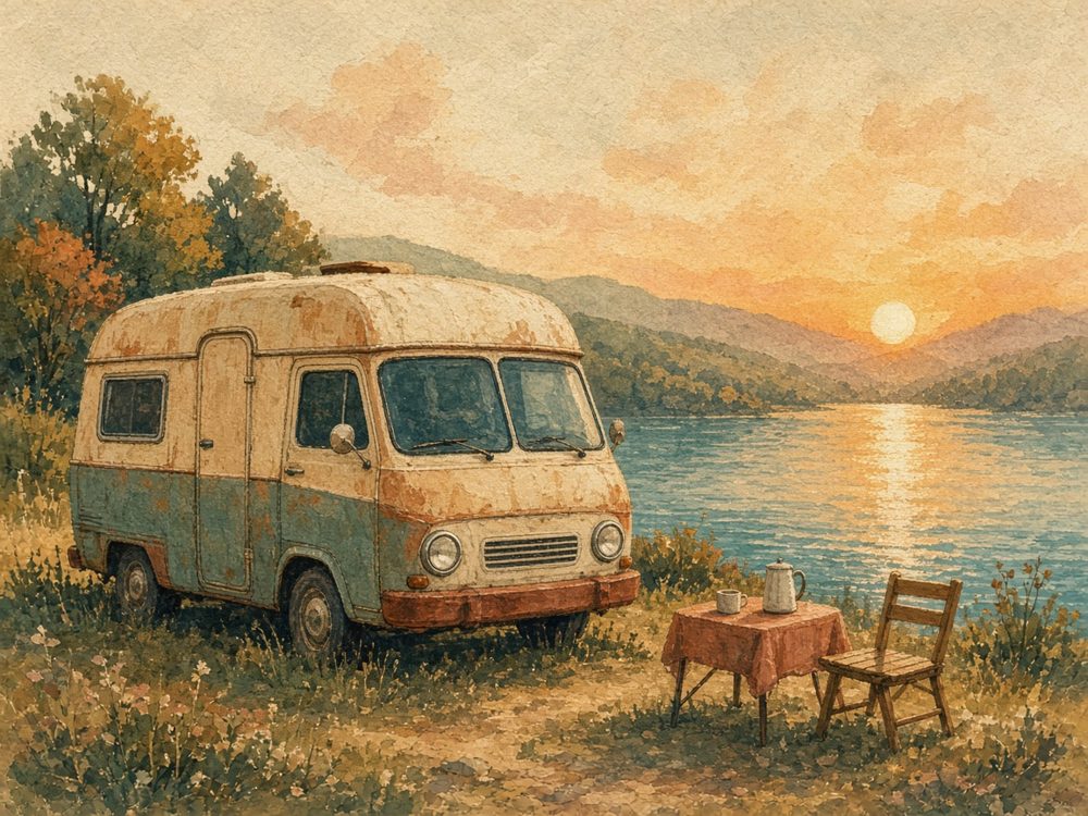 A camper van by a lake at sunrise